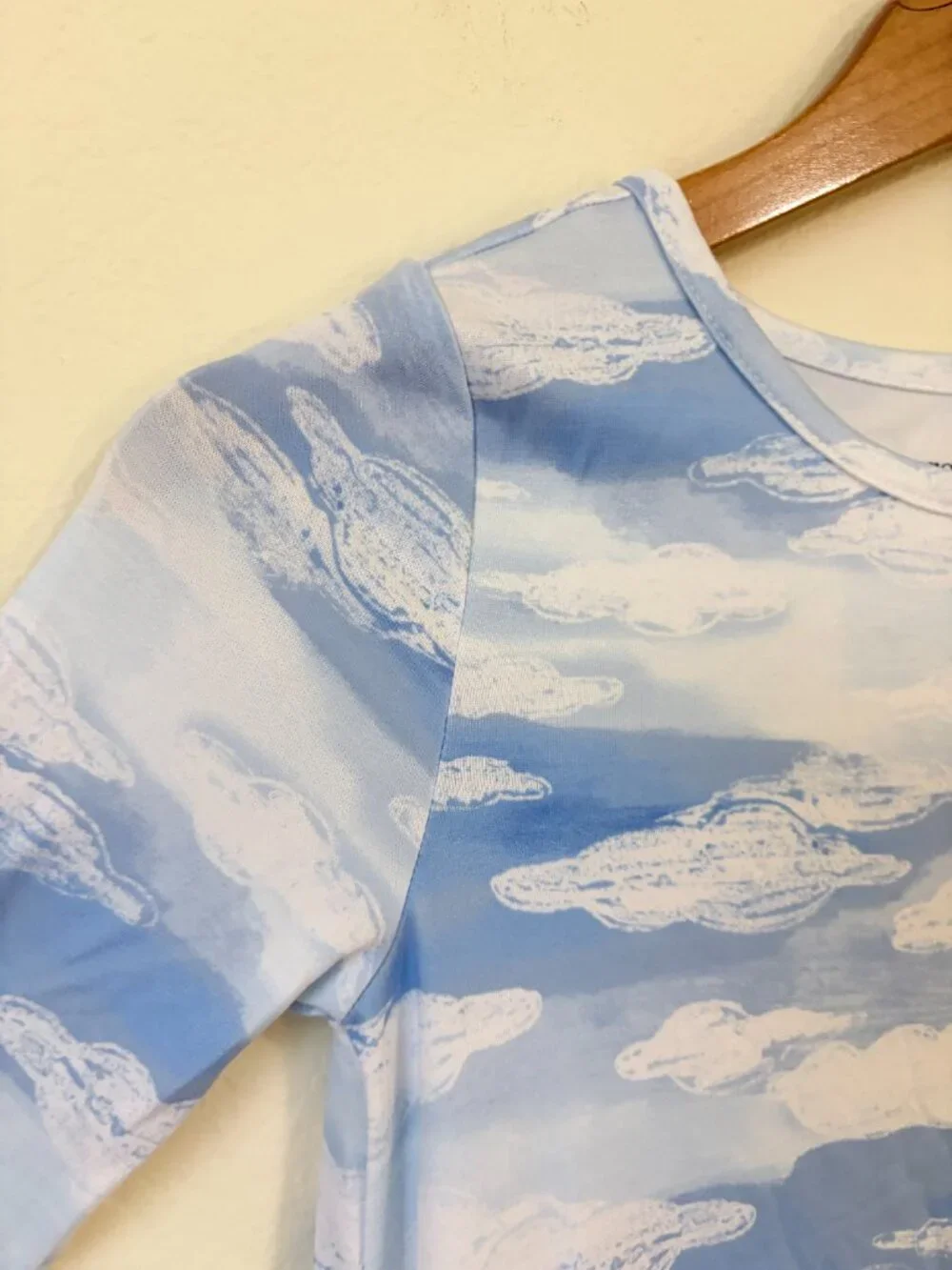 Crown Ivy Dress Girls Small Blue White Cloud Print Ruffle Hem Kids S
